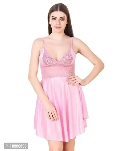 Women's Solid Satin Nightdress (Large, Pink)-thumb0