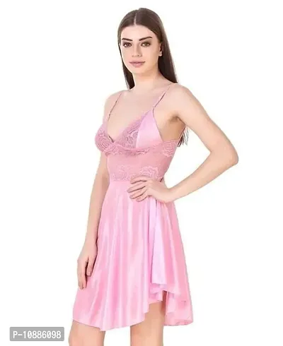 Women's Solid Satin Nightdress (Large, Pink)-thumb3