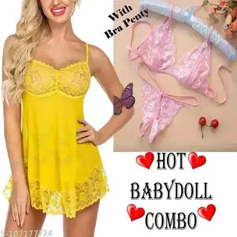 Babydoll Night Dress With Lingerie Set Combo For Women