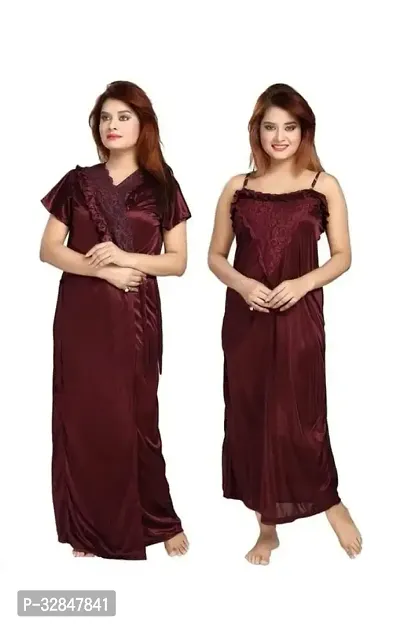 Womens Satin Full Length Lace Nighty with Robe Sleep Wear Night Gown-thumb0