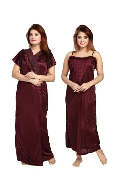 Vivaan Creation Women's Satin Plain/Solid Full Length Nightdress/Nightwear Maxi Nighty with Robe Set of 2