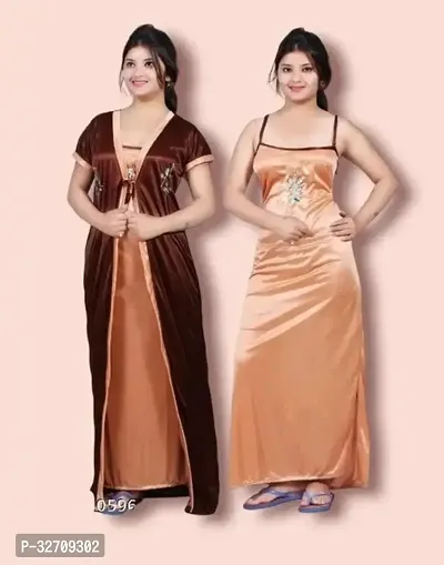 Comfy Satin Night Dress Set Brown-thumb0