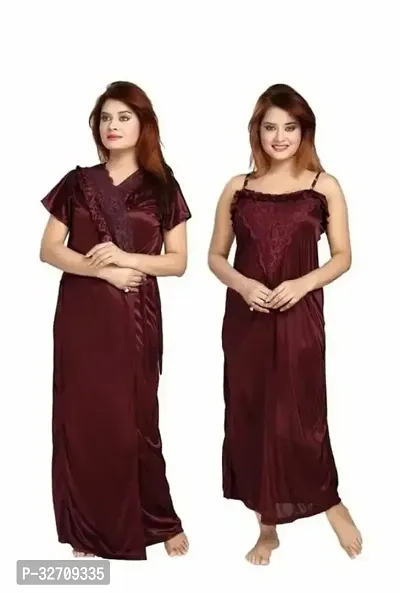 Womens Satin Full Length Lace Nighty with Robe/Sleep Wear/Night Gown Maroon