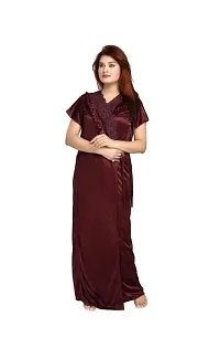 Womens Satin Full Length Lace Nighty with Robe Sleep Wear Night Gown-thumb2