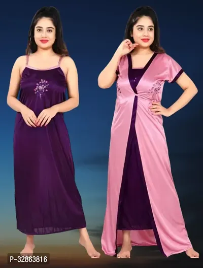 Stylish Satin Printed Nighty with Robe for Women-thumb0