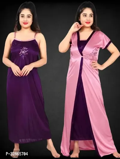 Elegant Satin Embroidered Nighty with Robe for Women-thumb0