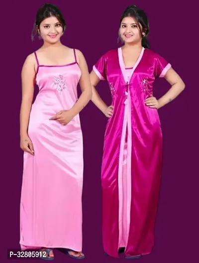 Elegant Satin Solid Nighty Set For Women-thumb0