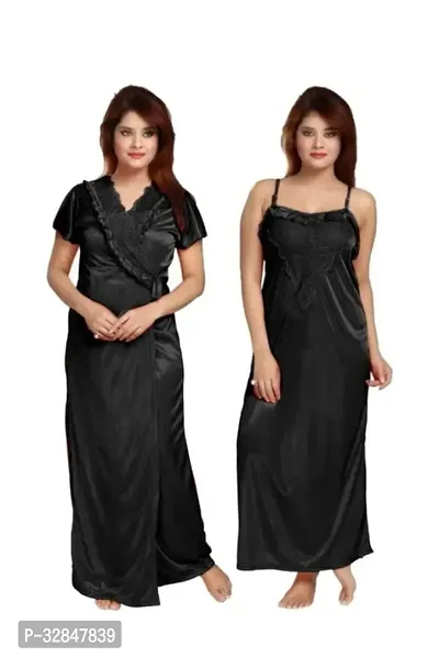 Womens Satin Full Length Lace Nighty with Robe Sleep Wear Night Gown-thumb0