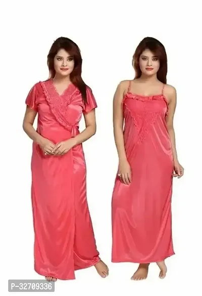 Womens Satin Full Length Lace Nighty with Robe/Sleep Wear/Night Gown Pink