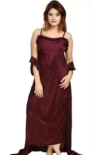 Womens Satin Full Length Lace Nighty with Robe Sleep Wear Night Gown-thumb1