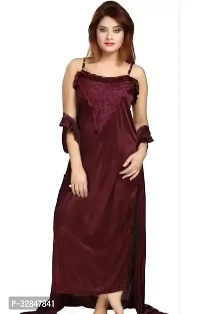 Womens Satin Full Length Lace Nighty with Robe Sleep Wear Night Gown-thumb2