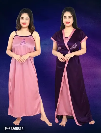 Elegant Satin Embroidered Nighty with Robe for Women-thumb0