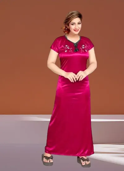 Classic Satin Embroidered Nighty for Women