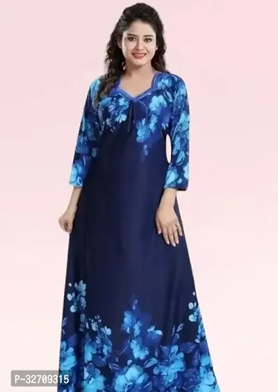 Superias Satin Printed Women Kaftan nighty nightdess Navy Blue-thumb0