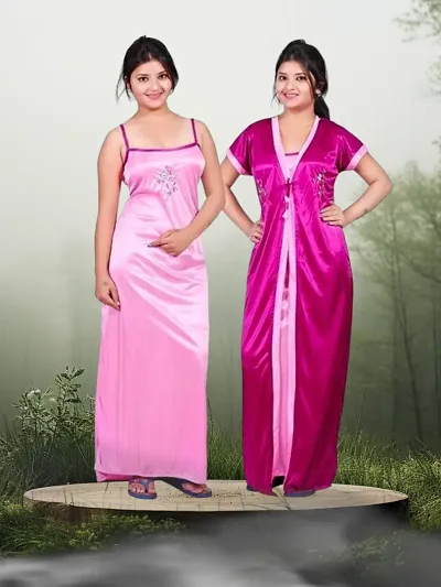 Elegant Satin Solid Nighty Set For Women