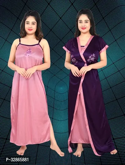 Elegant Satin Embroidered Nighty with Robe for Women-thumb0