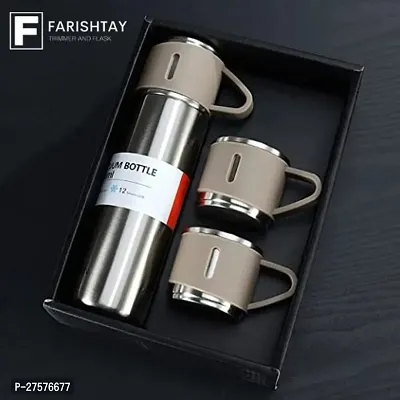 FARISHTAY  Double Wall Stainless Steel Thermo 500ml Vacuum Insulated Bottle Water Flask Gift Set with Two Cups Hot  Cold | Assorted Color | Diwali Gifts for Employees | Corporate Gift Items-thumb0