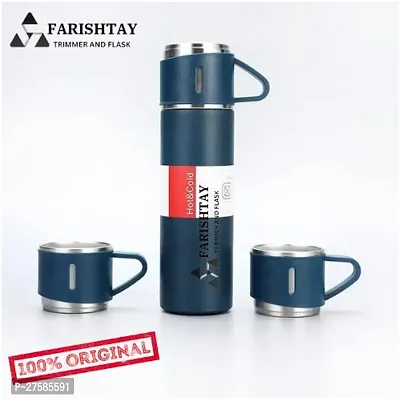 FARISHTAY   Latest Steel Vacuum Flask Set with 3 Steel Cups Combo - 500ml - Hermrfic - Odorless - Keeps HOT/Cold | Ideal Gift for Winter