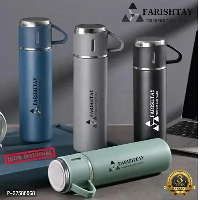 FARISHTAY  Double Wall Stainless Steel Thermo 500ml Vacuum Insulated Bottle Water Flask Gift Set with Two Cups Hot  Cold | Assorted Color | Diwali Gifts for Employees | Corporate Gift Items