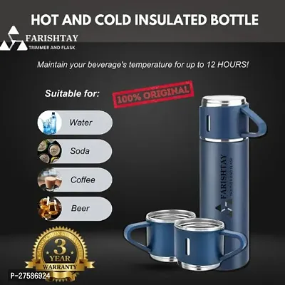 FARISHTAY   Latest Steel Vacuum Flask Set with 3 Steel Cups Combo - 500ml - Hermrfic - Odorless - Keeps HOT/Cold | Ideal Gift for Winter