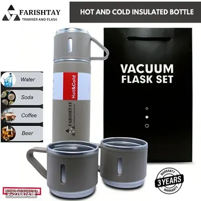 FARISHTAY   Latest Steel Vacuum Flask Set with 3 Steel Cups Combo - 500ml - Hermrfic - Odorless - Keeps HOT/Cold | Ideal Gift for Winter