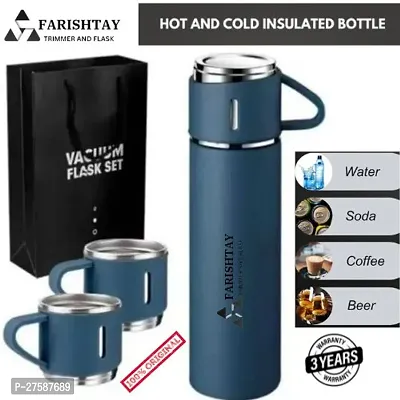 FARISHTAY  Double Wall Stainless Steel Thermo 500ml Vacuum Insulated Bottle Water Flask Gift Set with Two Cups Hot  Cold | Assorted Color | Diwali Gifts for Employees | Corporate Gift Items