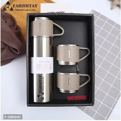 FARISHTAY   Latest Steel Vacuum Flask Set with 3 Steel Cups Combo - 500ml - Hermrfic - Odorless - Keeps HOT/Cold | Ideal Gift for Winter-thumb0