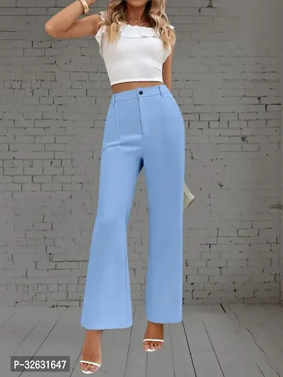 Stylish Blue Cotton Women Trousers with Mid-Rise Waist and Straight Leg