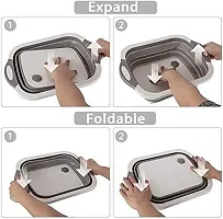 4 in 1 Multifunctional Silicone Based Kitchen Foldable Cutting, Chopping Board, Collapsible Dish Tub, Vegetable, Fruit Washing | Draining Basket with Plug | Folding Washbasin | Tray to Serve-thumb3