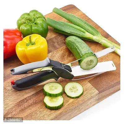 2-in-1 18/10 Steel Smart Clever Cutter Kitchen Knife Food Chopper and in Built Mini Chopping Board with Locking Hinge; with Spring Action; Stainless Steel Blade (Black)-thumb0