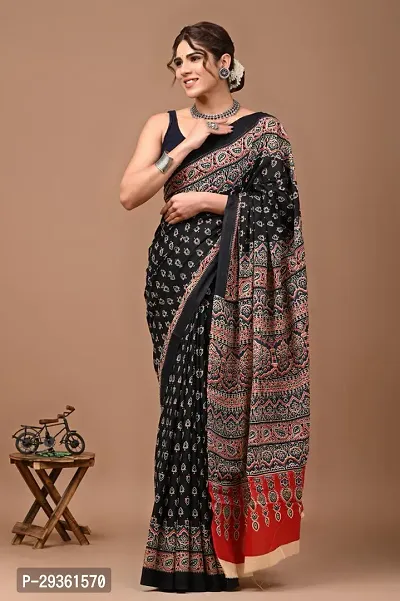 Stylish Cotton Silk Black Separate Blouse Piece Saree with Blouse piece