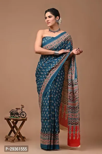 Stylish Cotton Silk Blue Separate Blouse Piece Saree with Blouse piece