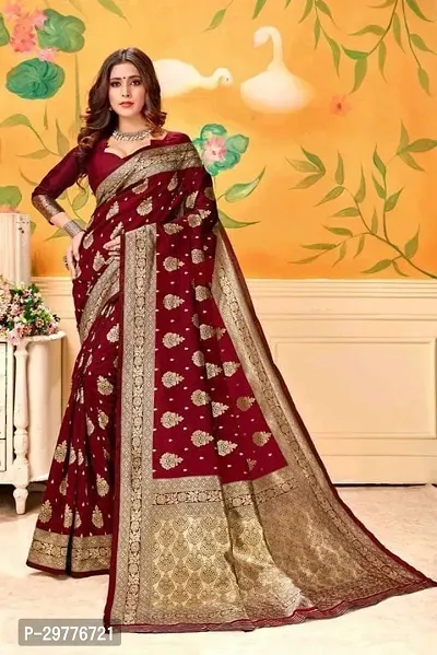 Stylish Silk Blend Maroon Woven Design Saree With Blouse Piece For Women-thumb2