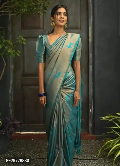 Stylish Silk Blend Blue Woven Design Saree With Blouse Piece For Women