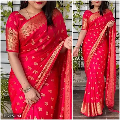 Stylish Silk Blend Red Woven Design Saree With Blouse Piece For Women