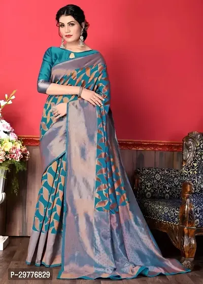 Stylish Silk Blend Teal Woven Design Saree With Blouse Piece For Women-thumb0