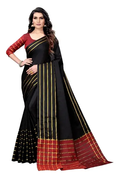 Stylish Cotton Zari Striped Saree With Blouse Piece