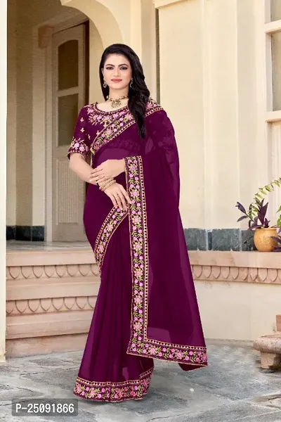 New Fancy Georgette Saree With Embroidey Work And Blouse-thumb0