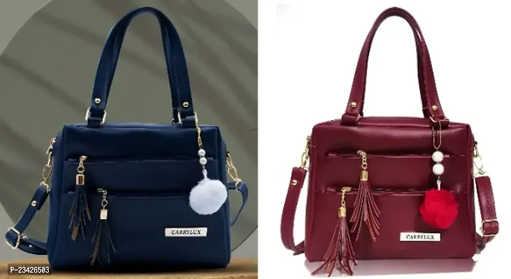 Stylish PU Self Pattern Handbags For Women And Girls- Pack Of 2