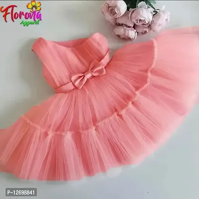 Peach Solid Net Dress for Girl-thumb0