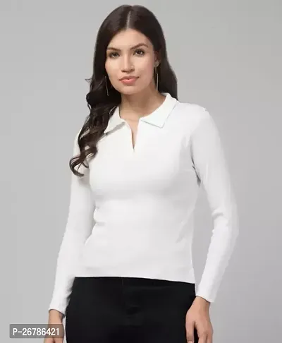 Elegant White Cotton Solid Tshirt For Women-thumb0