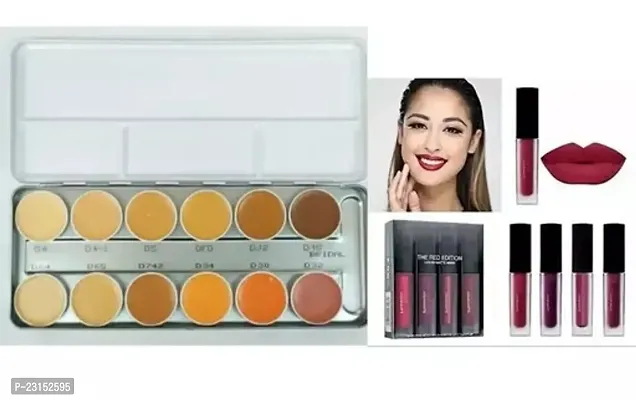 Premium Full Coverage 12 Shades Flawless Concealer Palette with 4Pcs Red Edition Lipsticks-thumb0