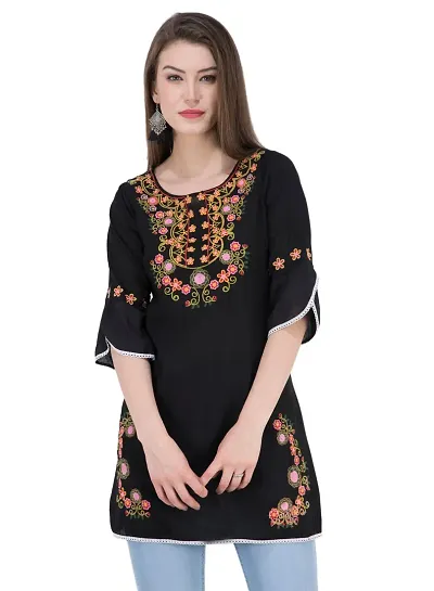 Embroidered Black Rayon Tops for Women