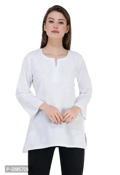Off White Embroidered Cotton  Tees For Women's-thumb0