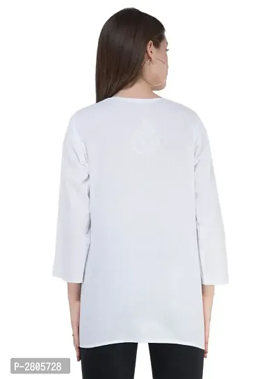 Off White Embroidered Cotton  Tees For Women's-thumb3