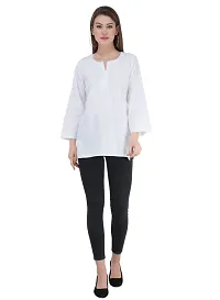 Off White Embroidered Cotton  Tees For Women's-thumb4