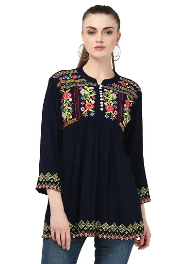 Embroidered Black Rayon Tops for Women