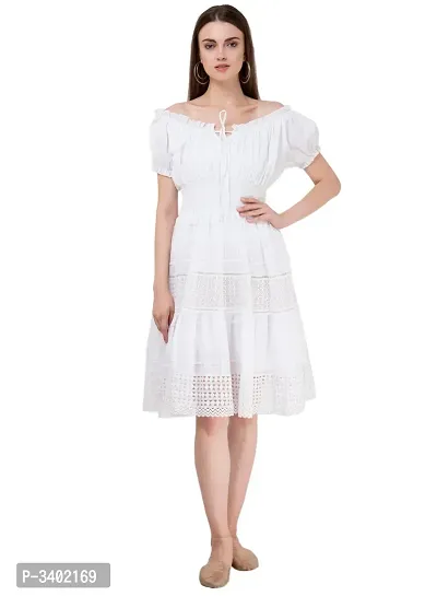 Women's Cotton White Solid Dress-thumb5