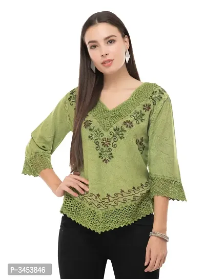 Fashionable Green Cotton Embroidered Top-thumb0