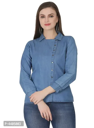 Elegant Denim Blue Casual Shirt For Women-thumb0